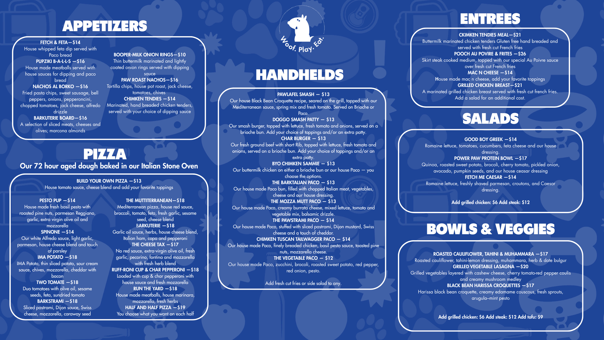 Woof Play Eat Menu
